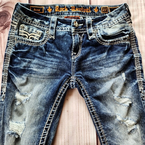 Rock Revival "Jena Crop" Distressed Cropped Ankle Blue Jean | Women's Size 27 - Picture 5 of 15